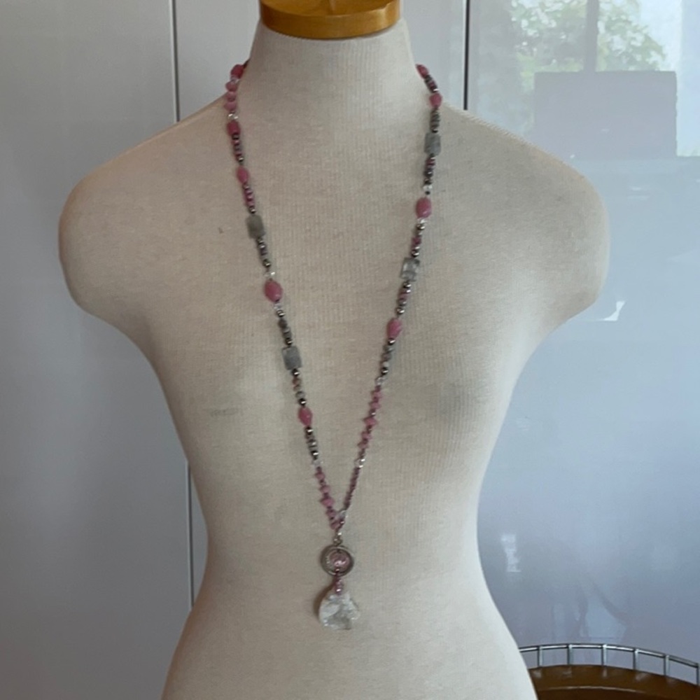 Lulii Blu, Pink and Gray Crescent Moon Gem Stone Necklace with Beads